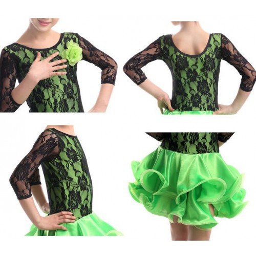 Green red Latin Dance Dress For Girls Long Sleeve Kids Cha Cha/Rumba/Samba Dance Wear Practice/Performance Dress For Dancing
